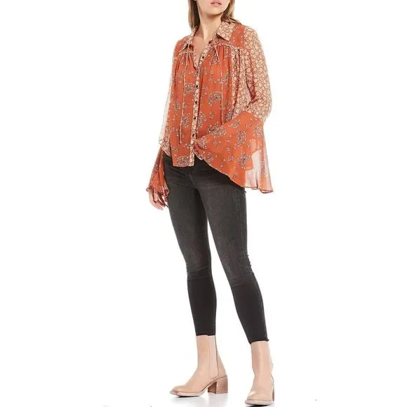 Free People Serena Blouse Floral Bell Sleeves Micro Floral Rust Sheer Size Large - Picture 2 of 7